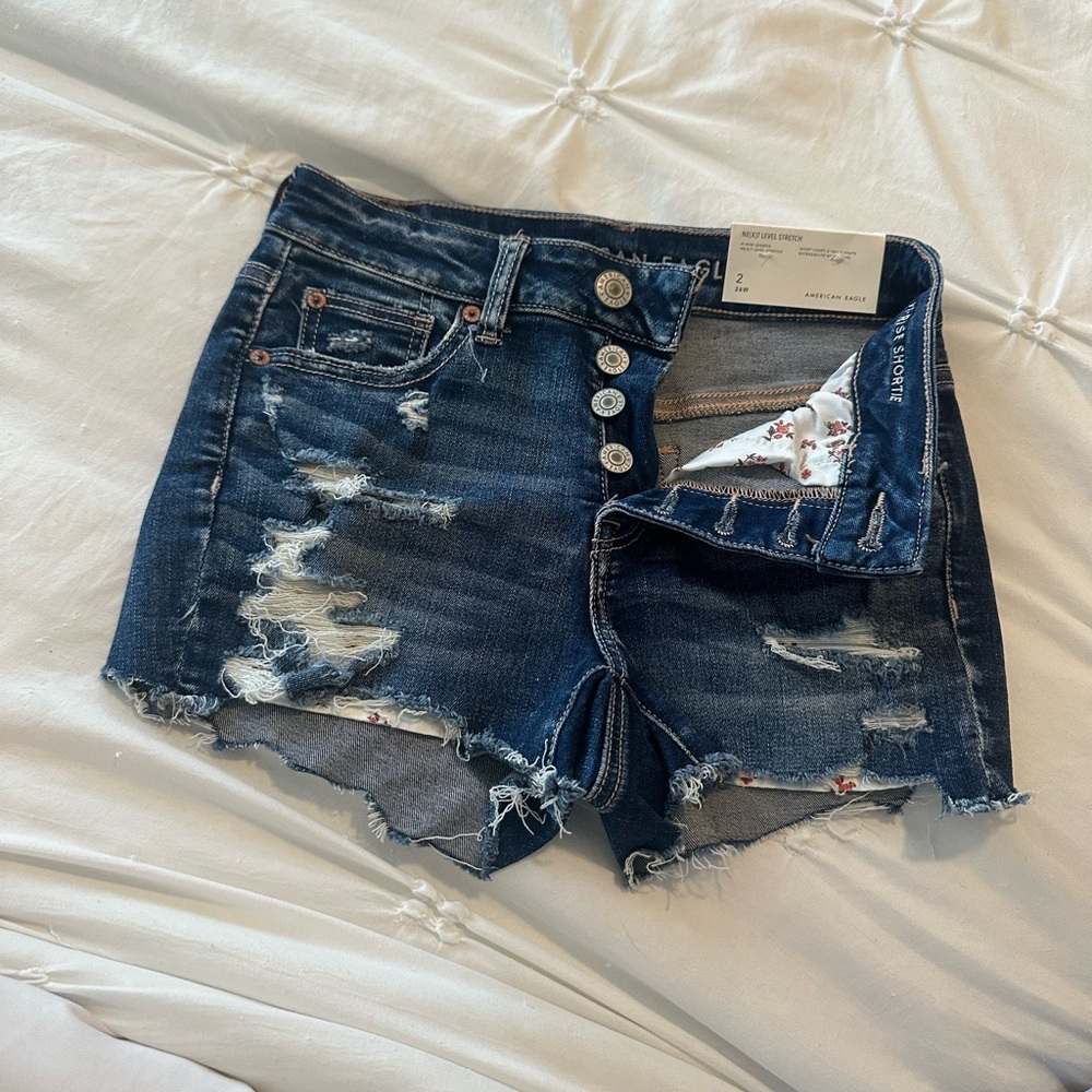 American Eagle Outfitters Distressed Dark Blue Denim Shorts